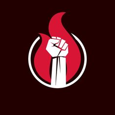 a clenched fist in the middle of a circle with red and white flames behind it