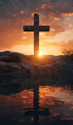 a cross is reflected in the water at sunset