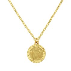 Keep the faith with this beautiful detailed 14k yellow gold Saint Christopher necklace. This Saint Christopher charm necklace with a lobster clasp closure is perfect for layering. It can be worn on any special occasion, by day, and by night, all in one. It's an excellent combination of subtlety and statement and its detail is quite exquisite and dangles beautifully off a beautiful diamond cut cable chain. The beautifully crafted chain necklace offers incredible shine and brings the whole piece t Gold St Christopher Necklace, Saint Christopher Necklace, St Christopher Necklace, St Christopher Pendant, St Christopher, Saint Christopher, Gold Jewelry Necklace, Keep The Faith, Sam's Club