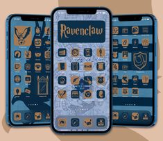 two cell phones with the same screen on them, one is displaying an image of ravenclaw