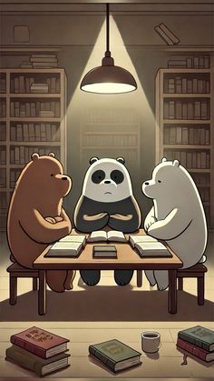 three bears sitting at a table with books in front of them and one bear standing up