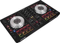 a dj's controller is shown in front of a white background with red border