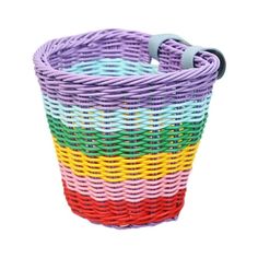 a multicolored wicker basket is shown on a white background with the handle