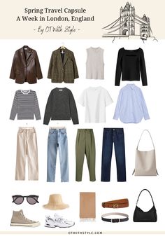 Capsule Wardrobe For 10 Day Trip, Capsule Wardrobe Business Trip, London Classic Style, Trip To England Outfits, Capsule Wardrobe Study Abroad, Capsule Wardrobe London Spring, English Capsule Wardrobe, 15 Day Travel Wardrobe, London Look Outfits Spring