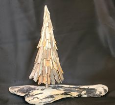 a piece of driftwood with a small christmas tree on it's end, against a black background