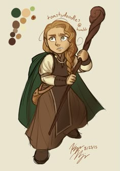 a drawing of a woman with long hair holding a wand and wearing a green cape