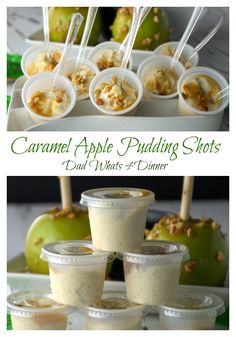 caramel apple pudding shots are served in small cups