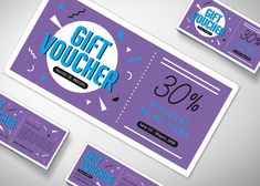 three purple gift vouchers with blue lettering on them