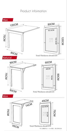 the table is shown in three different sizes and widths, with measurements for each piece