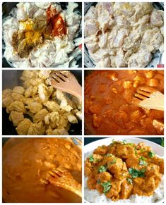 four pictures showing different types of food including rice, chicken and tomato sauce in various pans