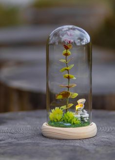 a glass jar with plants inside on a table top next to a small toy figure