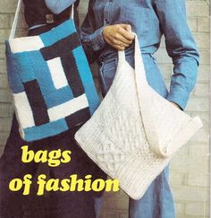 two people are holding knitted bags in front of a brick wall with the words bags of fashion written on it