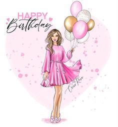 a woman in pink dress holding balloons with the words happy birthday written on it's side