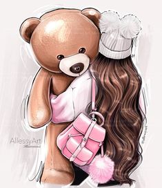 a drawing of a teddy bear hugging a woman's shoulder with her hair in a ponytail