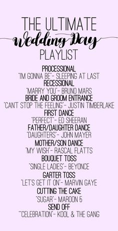 the ultimate wedding playlist is shown in black and white text on a pink background