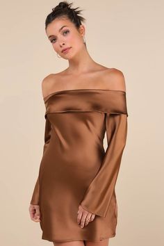 Brown Mini Dress - Satin Mini Dress - Foldover OTS Dress - Lulus Brown Satin Dress, Cocktail Dress Classy, Off The Shoulder Mini Dress, Off Shoulder Mini Dress, Prom Inspo, Long Sleeve Cocktail Dress