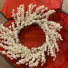 a bunch of small white flowers sitting on top of a red paper bag with black trim