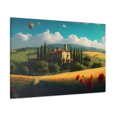 an oil painting of a tuscann landscape with hot air balloons in the sky