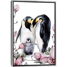 two penguins are standing next to each other with pink flowers on the ground and one penguin has its head down