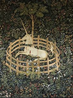 a painting of a unicorn in a fence surrounded by flowers and trees, with an antelope on the other side