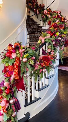 christmas decorations on the banisters and stairs