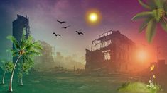 an image of a ruined city with birds flying over it and palm trees in the foreground