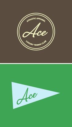 three different logos with the words ace and an arrow in green, brown and blue