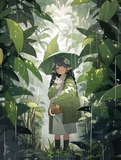 a girl with an umbrella standing in the rain surrounded by plants and trees, holding her hand on her hip