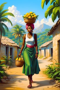 a painting of a woman walking down a dirt road carrying a basket of fruit on her head