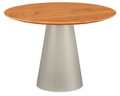 a round wooden table sitting on top of a metal pedestal with a wood top and silver base