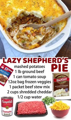 the recipe for lazy shepherd's pie is shown in an advertisement with instructions on how to make it