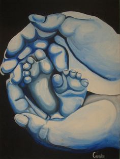 a painting of a person's foot in the middle of their hand, with black background