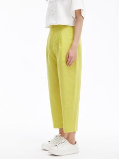 Details: Carrot trousers in a bright and breezy vanilla yellow.Front pleats, elasticated back waistbandCarrot 9-minute trousers with narrow leg Materials & Care: Cotton 64.4 %; linen 35.6 % Hand wash | Dry clean Do not bleach Size & Fit: Model is 5'7", Bust 32, Waist 24, Hips 35, wearing a size S Item #: IN2PA27 Yellow Tapered Leg Bottoms For Spring, Yellow Linen Bottoms For Spring, Yellow Linen Pants For Spring, Spring Linen Tapered Bottoms, Yellow Linen Pants For Summer, Summer Linen Tapered Pants, Wilfred Carrot Pant, Leg Trousers Outfit, Luxury Yellow Straight Leg Pants