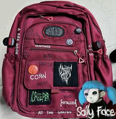 D：1063636346 #sallyface #backpack #diy #trynottocrychallenge #game Sally Face Backpack, Custom Backpack Ideas, Sally Face Merch, Emo Backpack, Diy Backpack Decoration, Backpack With Pins, Backpack Diy, Backpack Ideas