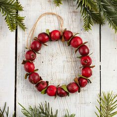 a wreath made out of apples and leaves on a white wooden surface with pine branches