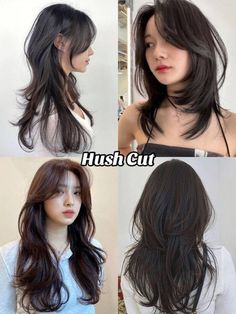 Women’s Hairstyles - Aesthetic Hairstyles - Trendy Haircuts - Hairstyle Inspirations Different Kinds Of Haircuts For Women, Chin Framing Layers, Jellyfish Cut Long Hair, Wolf Cut Hair Long Round Face, Hush Cut Vs Wolf Cut, Hush Cut Round Face, Hushcut Haircut, Types Of Layered Haircut, Asian Haircuts Female