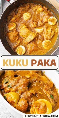 two pictures showing different types of food in the same pan, one with chicken and potatoes