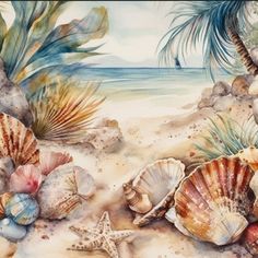 a painting of seashells and palm trees on the beach