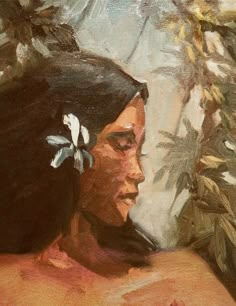 an oil painting of a native american woman with flowers in her hair and wearing a headdress