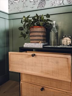 a wicker chest with books and plants on top