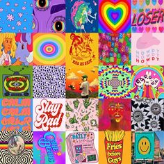 a collage of pictures with different colors and designs on them, including the word love