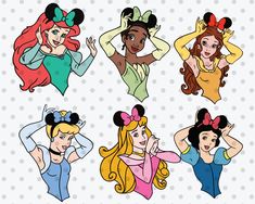 four disney princesses with different hair styles and their name on the back of them