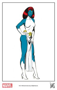 a drawing of a woman in blue and white with her hands on her hips, standing