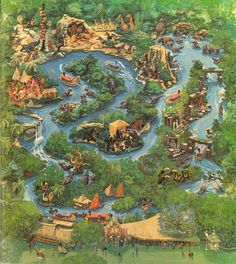 an illustrated map of the park with lots of animals and people