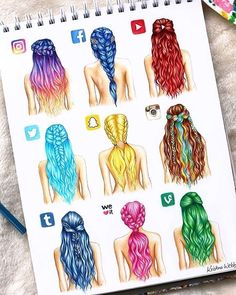 a drawing of different colored hair styles on a sheet of paper with social media icons in the background