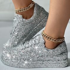 Category:Sneakers; Upper Materials:Satin; Embellishment:Rhinestone,Sequin; Season:Spring,Fall; Heel Type:Flat Heel; Gender:Women's; Activity:Walking; Toe Shape:Round Toe; Style:Casual,Comfort,Minimalism; Heel Height(inch):<1; Outsole Materials:Rubber; Occasion:Outdoor,Daily; Closure Type:Lace-up; Pattern:Solid Color,Glow in the Dark; Listing Date:08/03/2023; Production mode:External procurement; 2024 Trends:Glitter Crystal Sequined Jeweled,Comfort Shoes,Plus Size,Platform Sneakers,Sparkling Shoe Party Shoes Women, Sparkly Sneakers, Bling Sneakers, Rhinestone Sneakers, Galaxy Shoes, Diamond Shoes, Sequin Flats, Plateau Sneaker, Jeweled Shoes