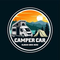 the camper car logo is shown on a dark background with mountains and trees in the distance