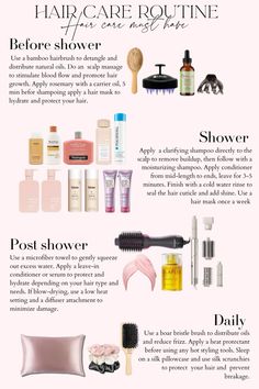 Self Care Guide Aesthetic, How To Shower Your Hair, Healthy Hair Shower Routine, Hair Shower Routine Steps, Best Hair Care Routine Products, My Haircare Routine, After Washing Hair Routine, Hair Maintenance Routine, Long Hair Routine Tips