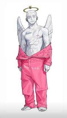 a drawing of a man in pink pants with an angel halo on top of his head