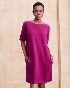 EILEEN FISHER Organic Cotton Jersey Round-Neck Dress Eileen Fisher Outfits, Petite Height, Cotton Jersey Dress, Black Turtleneck Sweater, Dark Outfits, Travel Dress, Garnet Hill, Comfy Dresses, Round Neck Dresses